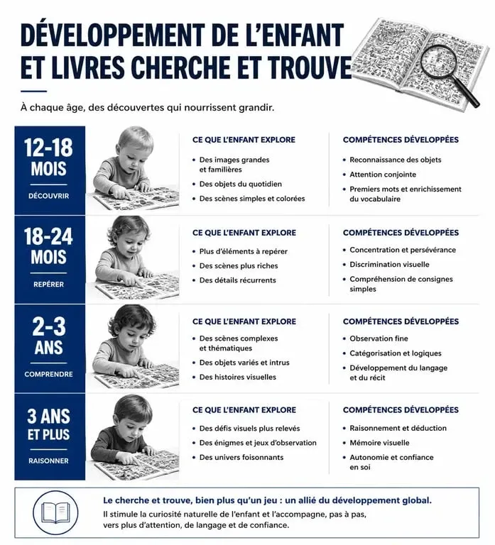Infographie récapitulative pour choisir un livre cherche et trouve pour tout-petit selon l'âge et le développement cognitif.