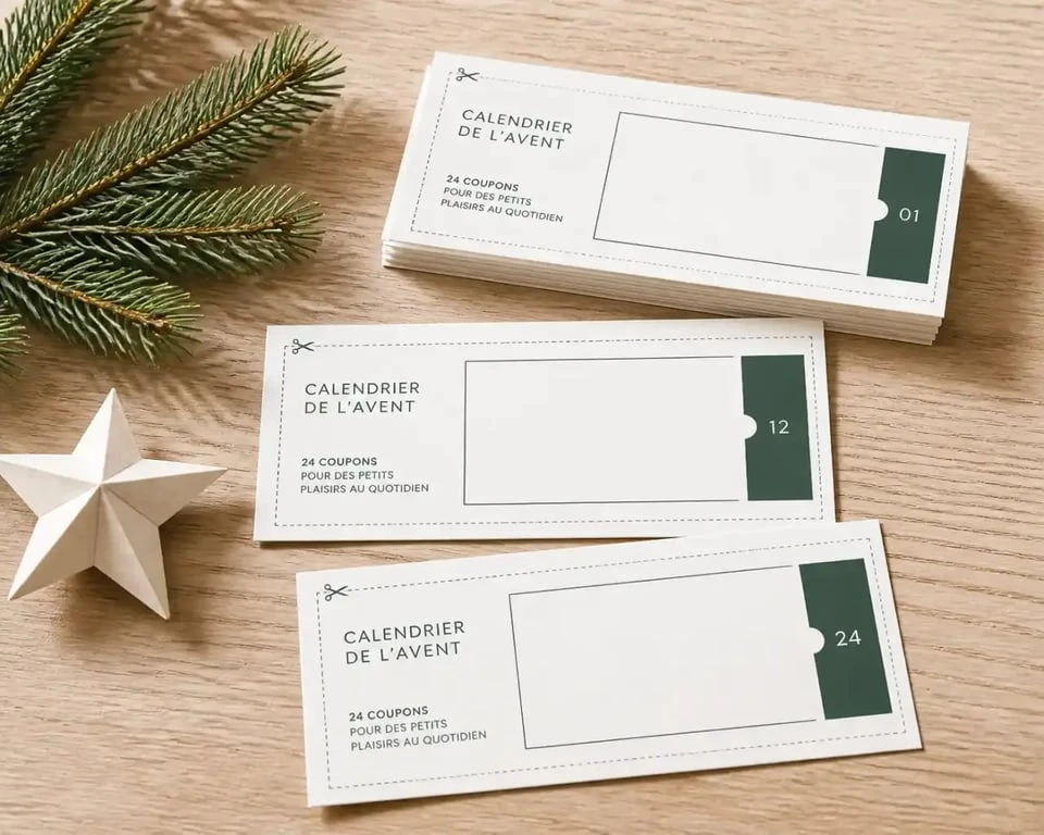 Exemple de bons pour calendrier de l'avent à imprimer disposés sur une table de Noël