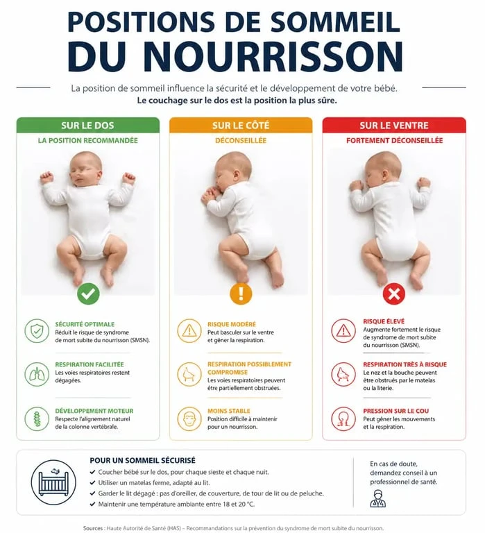 Infographie sur les positions de sommeil sécurisées pour bébé, montrant pourquoi le dos est la seule position recommandée pour éviter les risques.