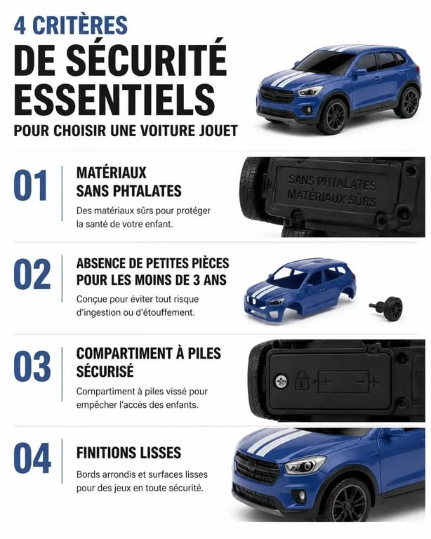 Infographie des critères de sécurité pour choisir une voiture jouet pour enfant
