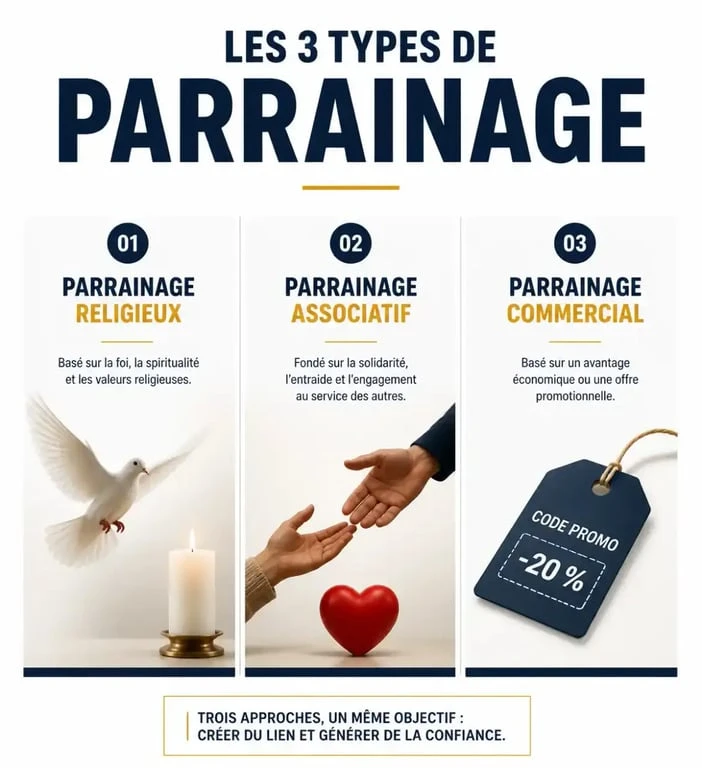 Infographie comparative des différents types de parrainage : religieux, associatif et commercial entre parrain et filleul
