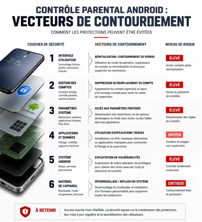 Infographie sur les méthodes de contournement de Family Link et les risques de sécurité associés