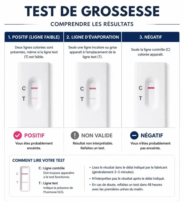 Infographie comparative des résultats de test de grossesse : ligne positive faible, ligne d'évaporation et test négatif pour comprendre un test de grossesse positif faible.