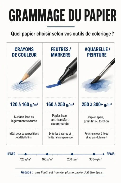 Infographie sur le choix du papier pour un dinosaure à colorier selon l'outil utilisé