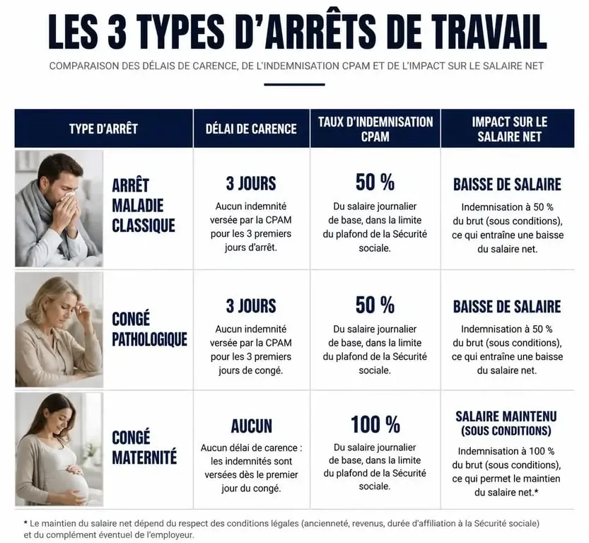 Tableau comparatif des indemnités : arrêt maladie avant congé maternité et perte de salaire