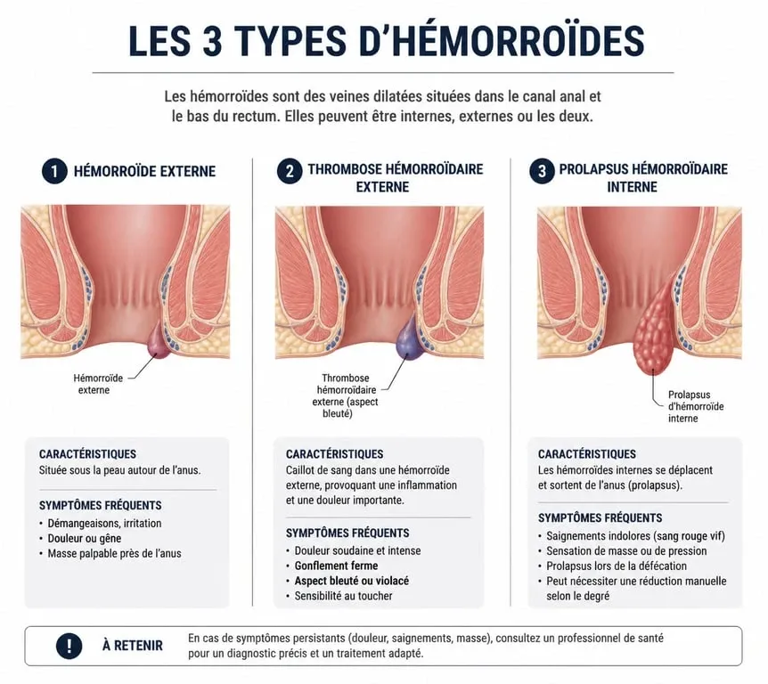 Schéma explicatif des différents types d'hémorroïdes chez la femme enceinte : hémorroïdes externes, thrombose et prolapsus.