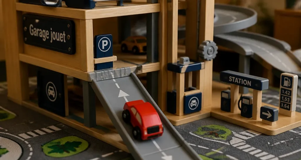 Garage voiture jouet en bois avec rampe, ascenseur et station-service