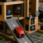 Garage voiture jouet en bois avec rampe, ascenseur et station-service