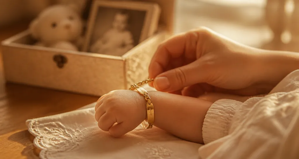 gourmette pour bapteme en or sur poignet de bebe