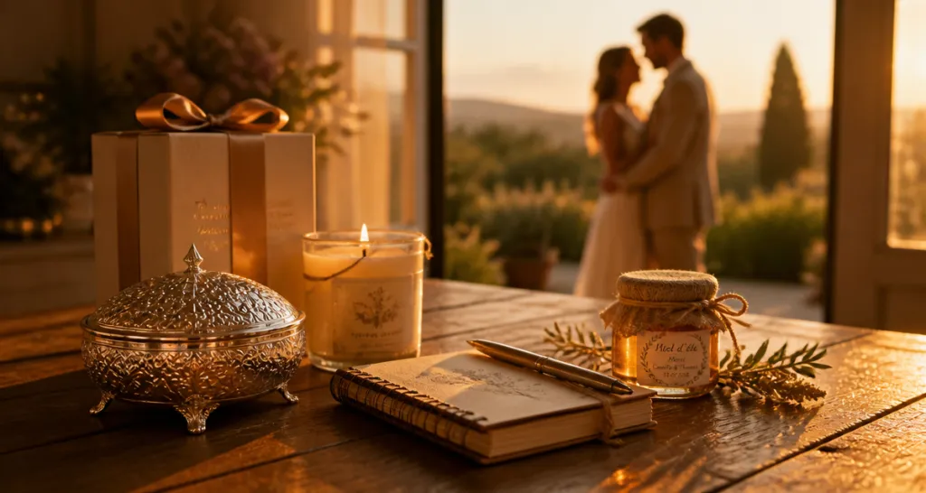 idee cadeaux mariage sur table en bois