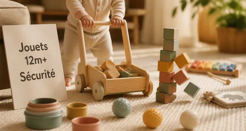 Jeux bébé 1 an : chariot en bois et tour à empiler, sécurité et éveil