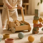 Jeux bébé 1 an : chariot en bois et tour à empiler, sécurité et éveil