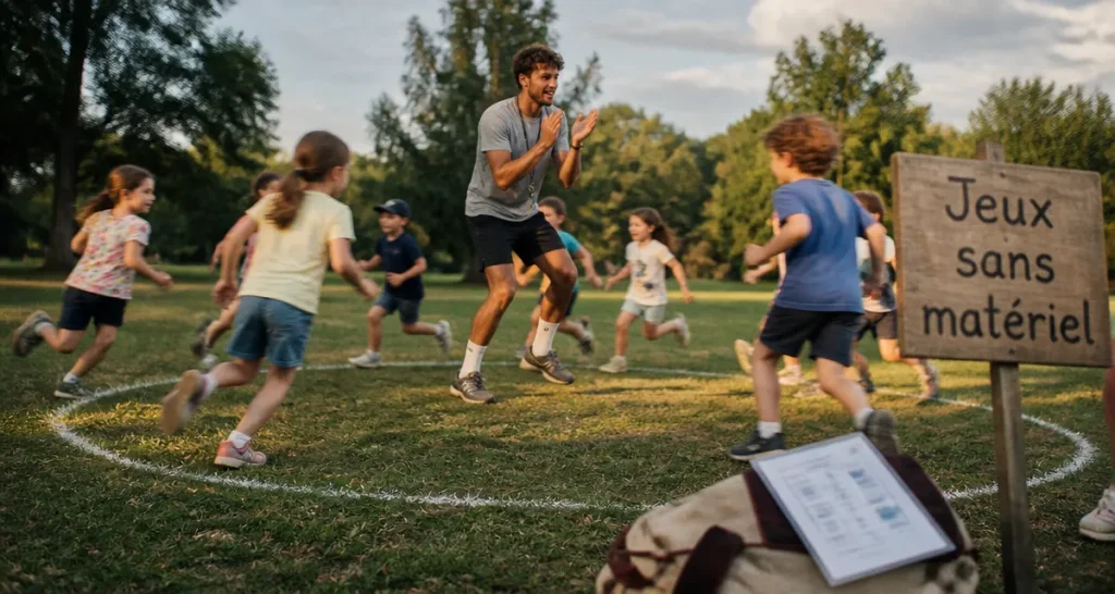 Jeux extérieur animation : enfants en cercle sans matériel, animateur au centre