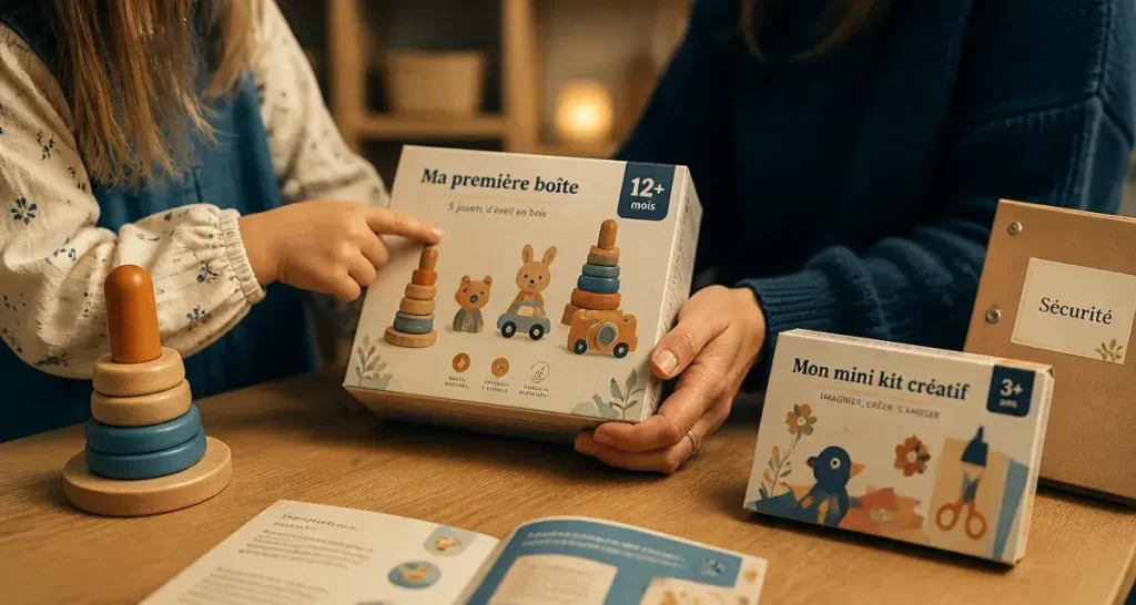 Jouet fille : maman et enfant comparent un jouet éducatif durable