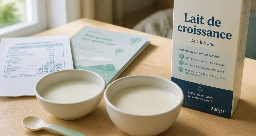 Meilleur lait a partir de 3 ans : lait de croissance sur table, bols de lait