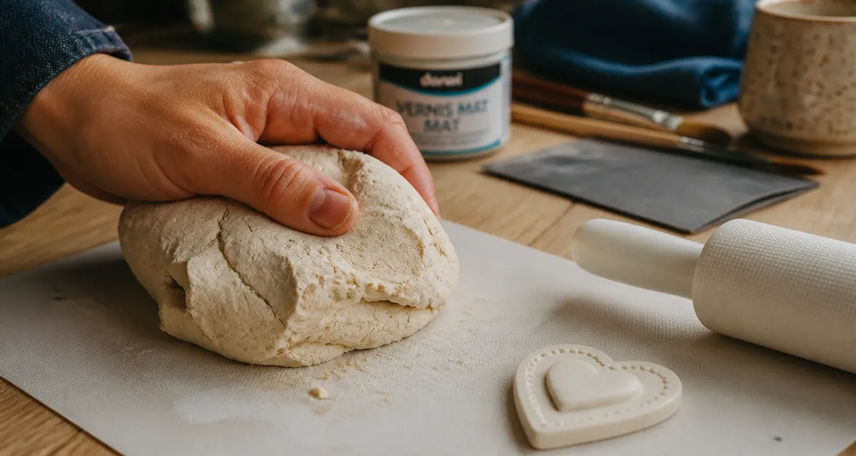 Pâte autodurcissante : main qui malaxe la pâte avant création sans fissures