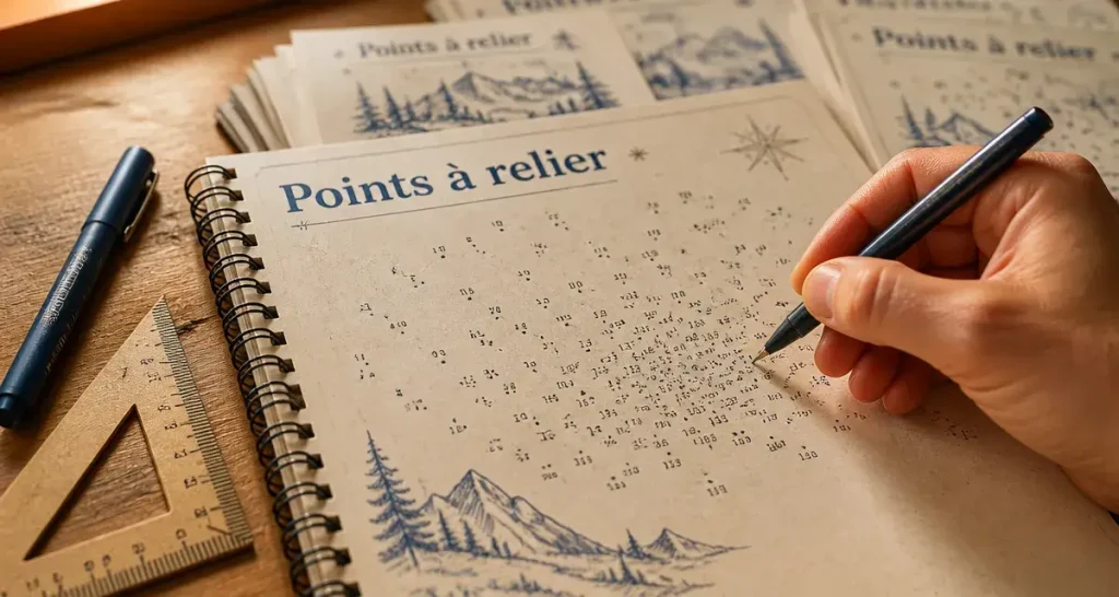 Point à relier : grille chiffrée 10 à 40 000, main et stylo