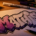 Prenoms en tag : plan de prénom graffiti avec lettres en relief, squelette et ombre 3D