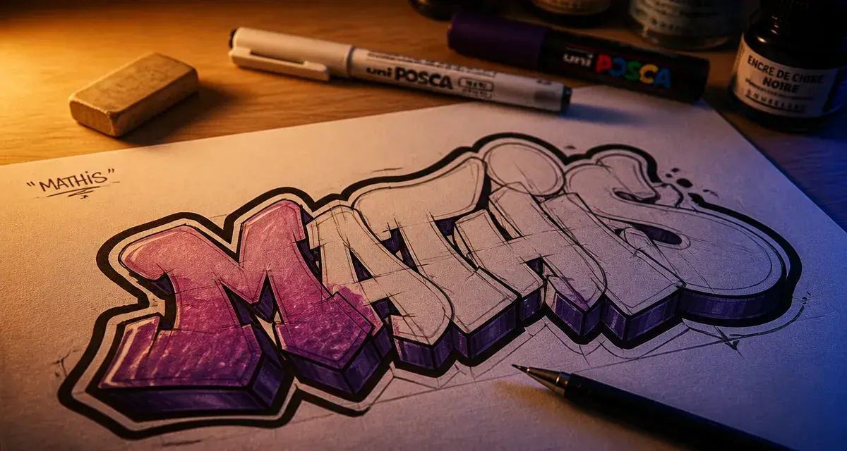 Prenoms en tag : plan de prénom graffiti avec lettres en relief, squelette et ombre 3D