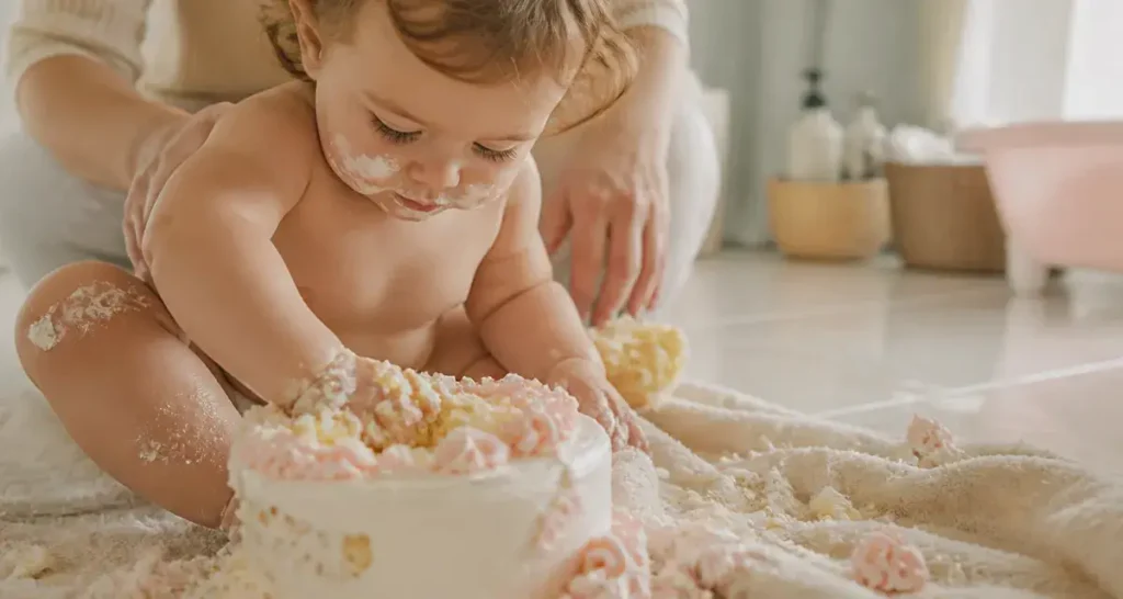 Smashing a cake : bébé avec smash cake pastel, lumière naturelle