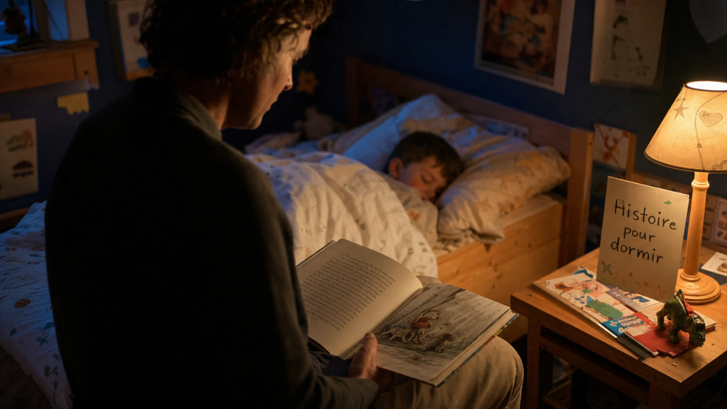 Une histoire pour dormir : parent lisant au calme, enfant apaisé