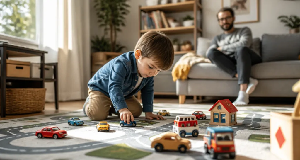Enfant jouant avec voiture jouet sous surveillance