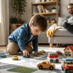 Enfant jouant avec voiture jouet sous surveillance