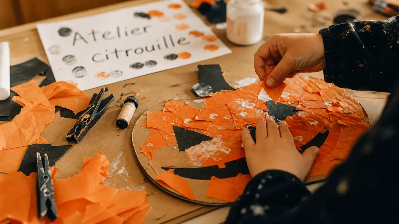 Activité halloween maternelle : atelier citrouille en papier, motricité fine
