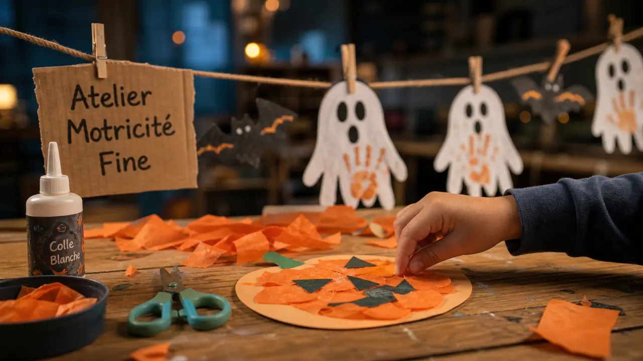 Atelier de motricité fine avec citrouille en papier et colle