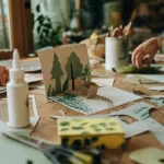 Activité manuelle 6-10 ans : enfants créent une carte pop-up, papier, ciseaux et colle sur table