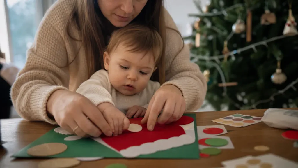 Activite noel bebe : bébé 10 mois avec feutrine rouge et gommettes, ambiance Noël