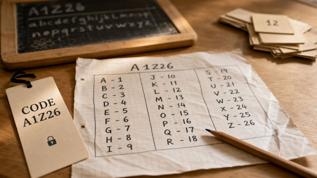 Alphabet numéroté A1Z26 sur une feuille quadrillée, code de messages secrets