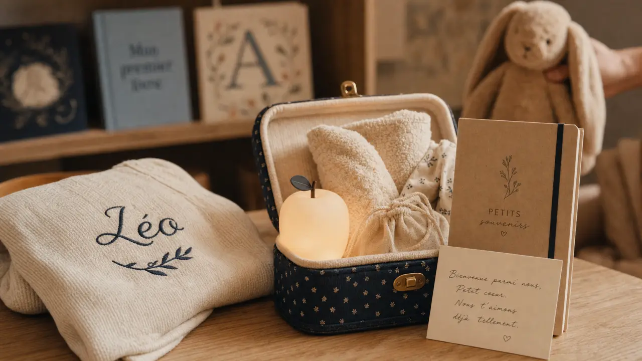 Cadeau filleul utile et symbolique : valisette de naissance, veilleuse et carnet