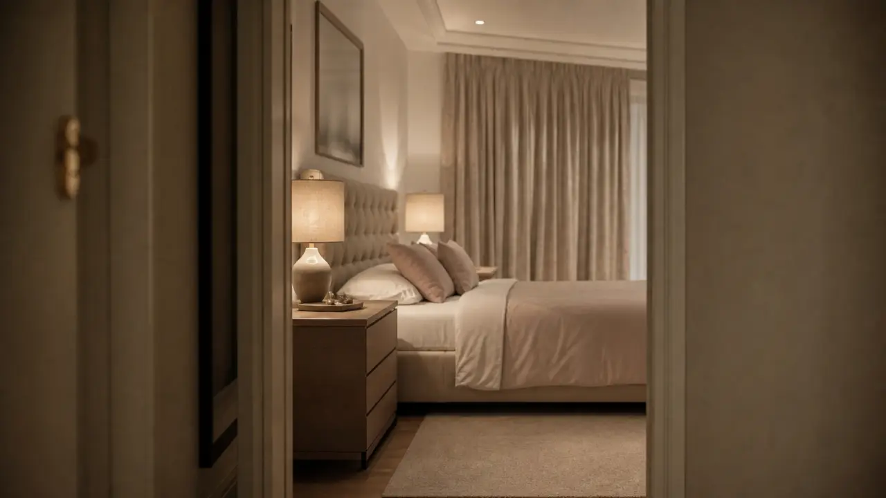 Déco chambre adulte chic en tons neutres, tête de lit et lumière chaude