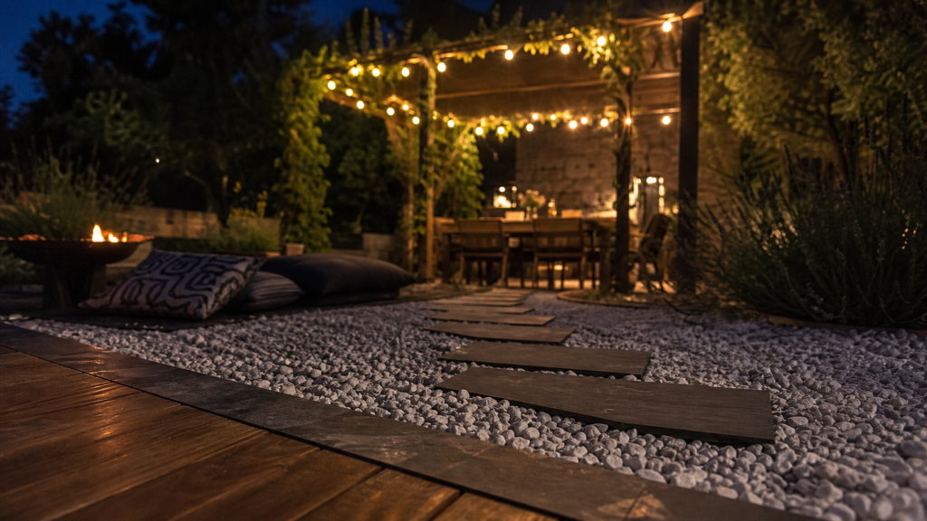 Déco jardin extérieur : terrasse en bois avec coin repas