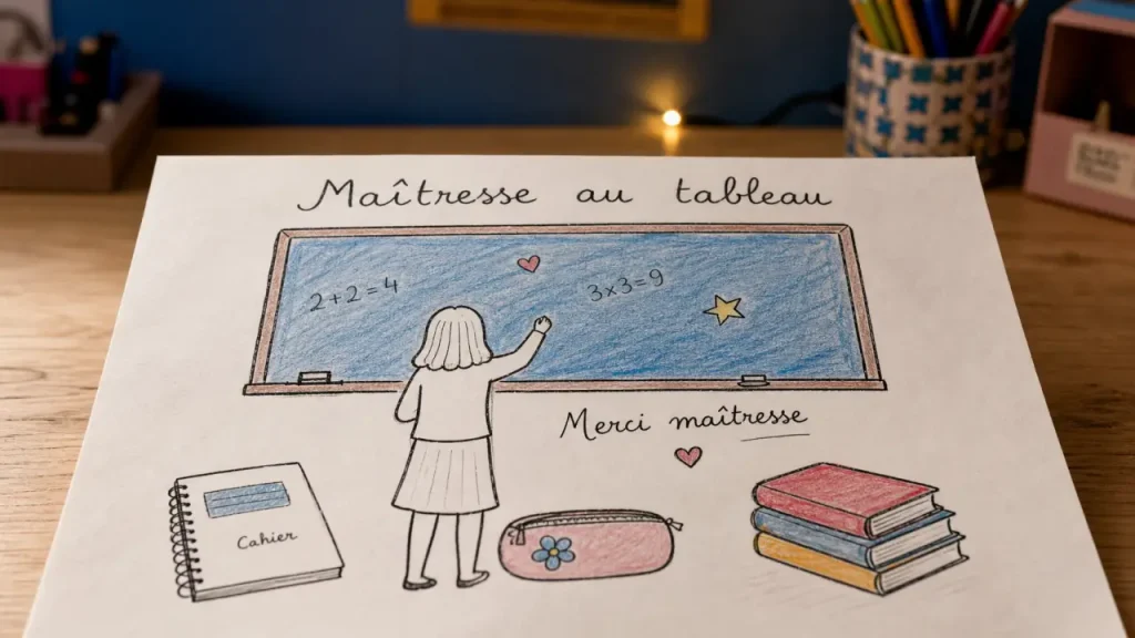 Dessin pour maitresse de CM1 : merci maîtresse au tableau