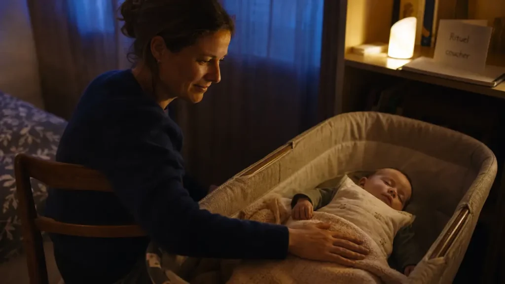 Endormissement autonome bebe : parent près du berceau, bébé endormi