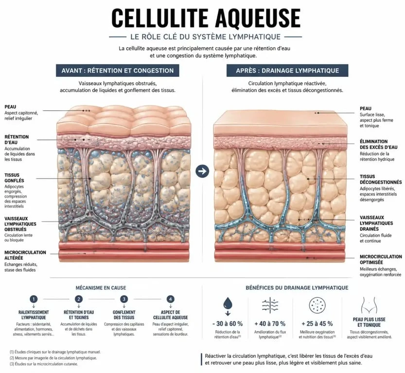 Schéma explicatif du mécanisme de la cellulite aqueuse avant et après traitement pour comprendre la rétention d'eau.