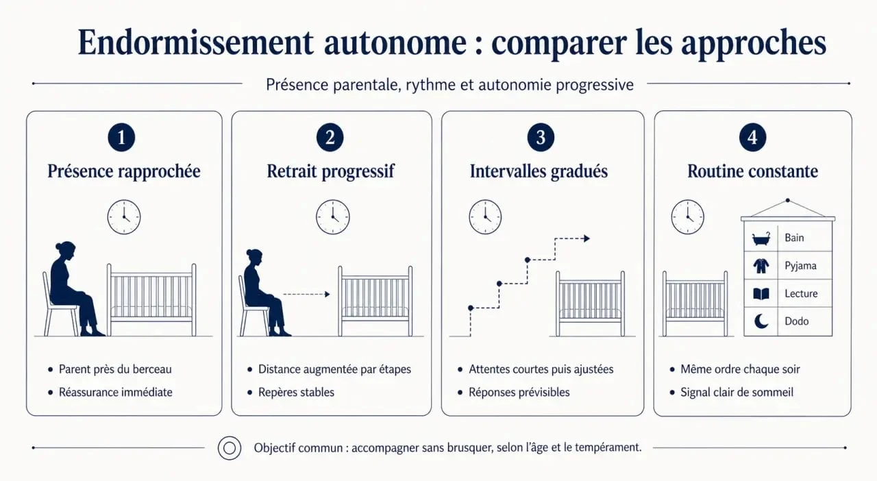 Endormissement autonome bebe : comparatif visuel des principales méthodes d'accompagnement du sommeil