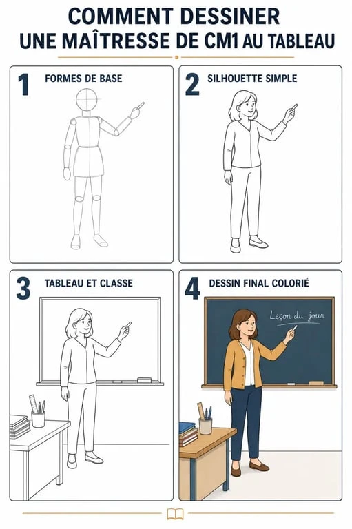 Dessin pour maitresse de CM1 : pas à pas illustré pour dessiner une maîtresse au tableau