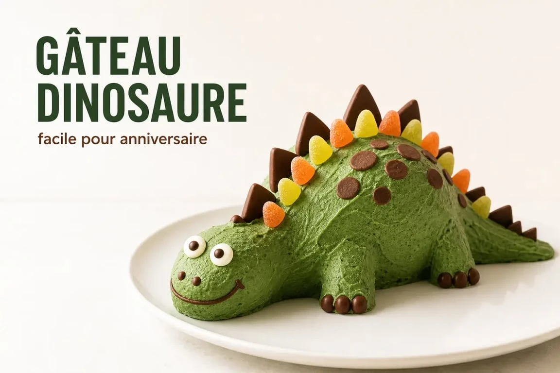 Recette gâteau dinosaure facile décoré en vert et chocolat sur plat de fête
