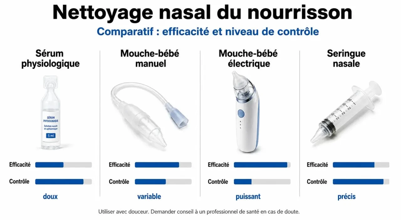 Comparatif des méthodes de nettoyage nasal pour bébé : sérum physiologique, mouche-bébé manuel et électrique, et seringue nasale.