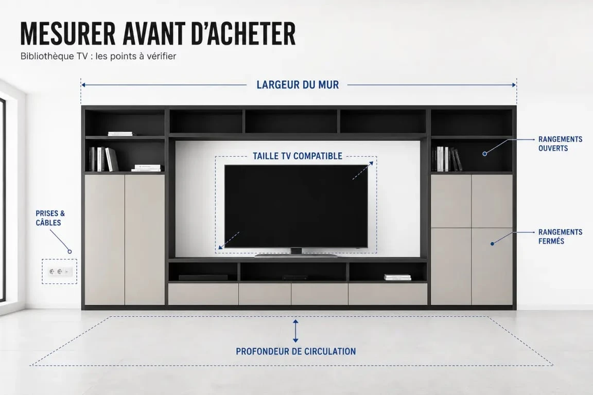 Meuble bibliothèque tv dans un salon avec repères visuels pour mesurer le mur, l’écran et les rangements avant achat