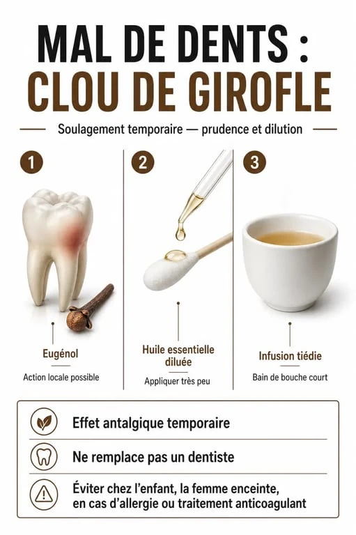 Maux de dents et clou de girofle : visuel explicatif sur le soulagement temporaire, les méthodes d’application et les précautions