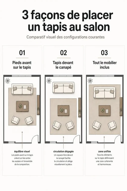 Schéma illustrant les trois positions idéales pour placer un tapis dans un salon par rapport au canapé