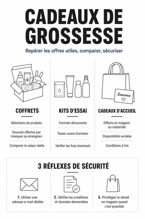 Infographie récapitulative des cadeaux gratuits pour la grossesse et conseils de vigilance pour éviter les abonnements cachés.