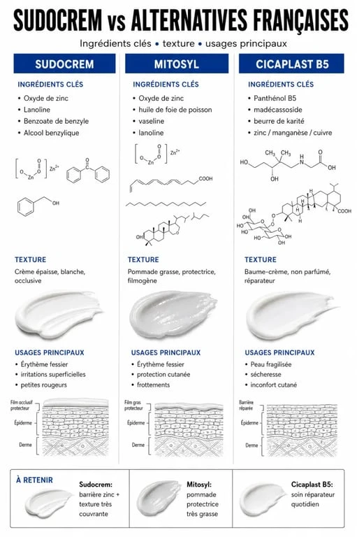 Comparatif des ingrédients et usages du Sudocrem en France et de ses alternatives comme le Mitosyl