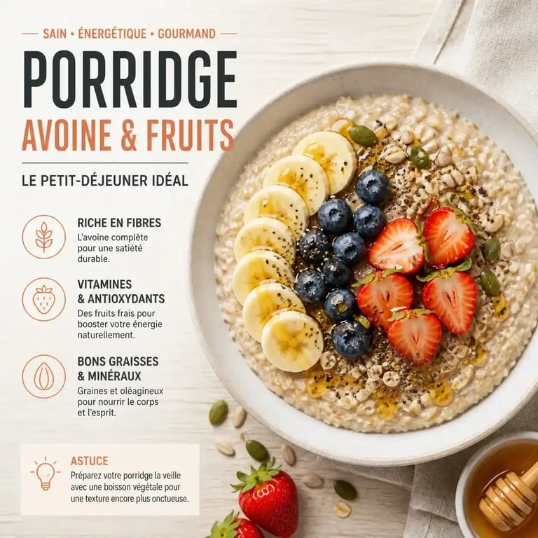 Bol de porridge aux fruits frais et flocons d'avoine, recette healthy et rapide