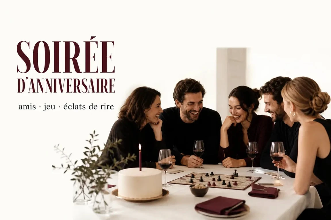 Amis jouant à des jeux pour anniversaire adulte dans une ambiance conviviale