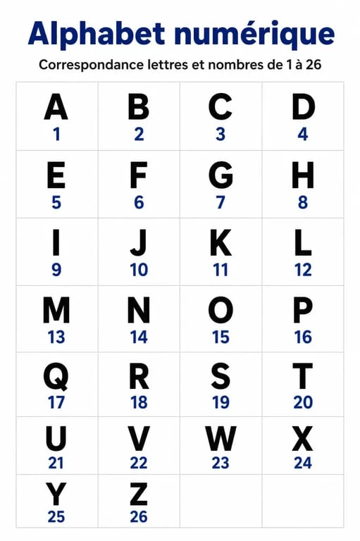 Tableau de correspondance de l'alphabet numéroté A1Z26 pour apprendre à coder et décoder des messages secrets.